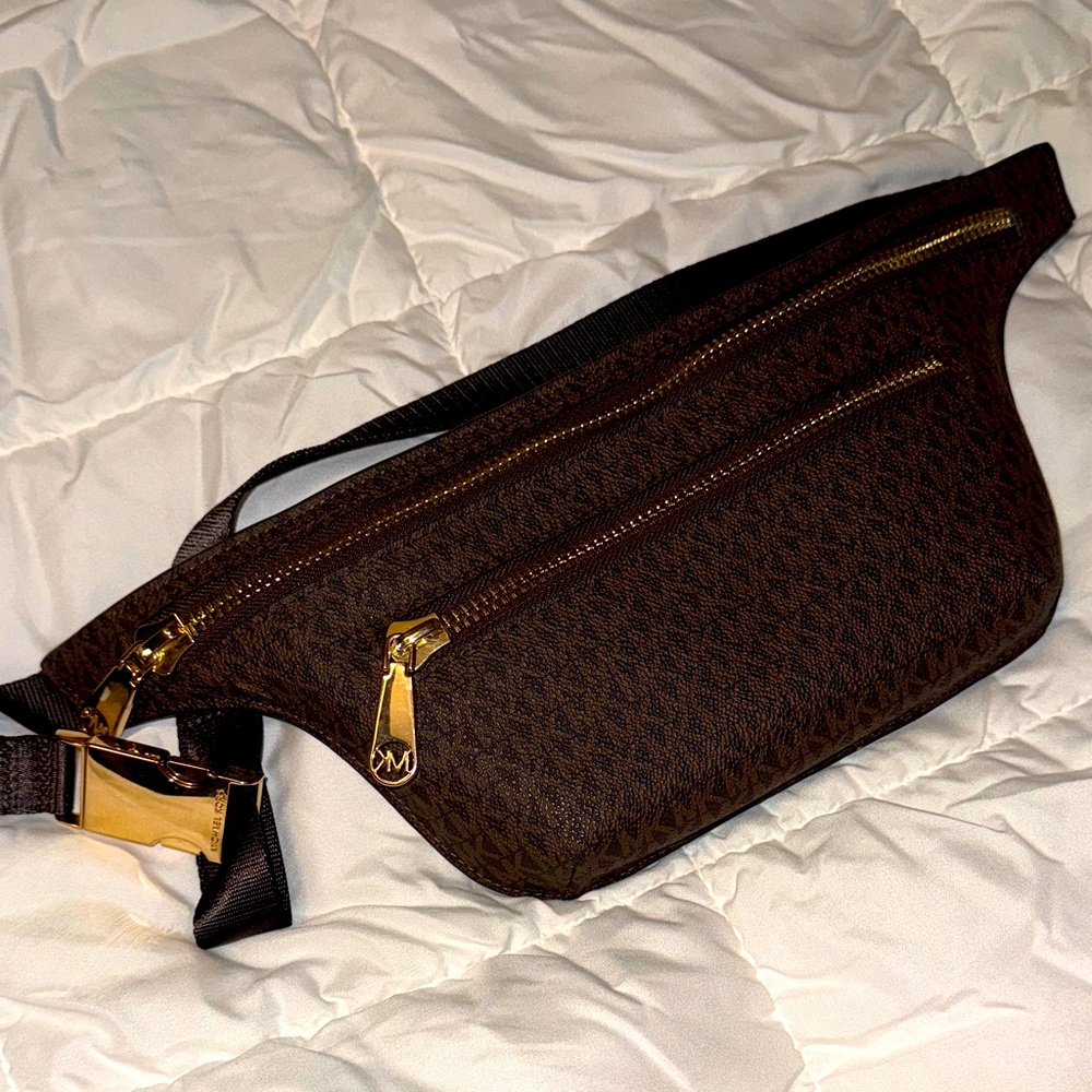 Michael Kors Brown Monogram Waist Crossbody Bag with Gold Hardware